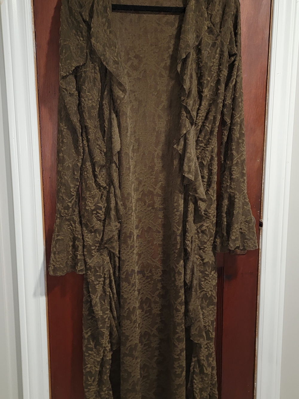 Coquette Brown Floral Lace Boho Vintage Look Long Crinkle Duster Cardigan New